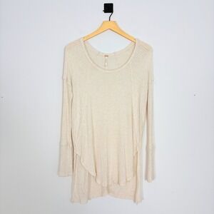 Free People Ventura Ivory Waffle Knit Long Sleeve Thermal Top XS Oversized Boho